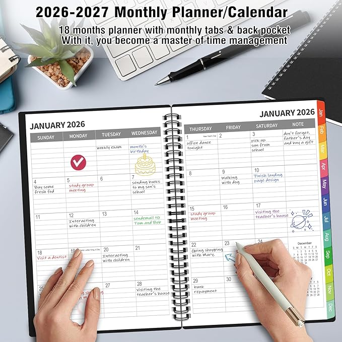Monthly Planner 2026-2027(7.6'' x 10''), 18 Months Agenda Calendar Planner with Tabs & Pocket, Holidays, Note Pages, Time Management and Hit Your Goals, January 2026 - June 2027, 120GSM Thick Paper