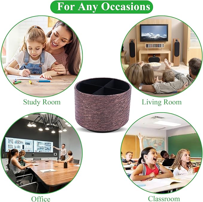 Round Leather Art Supply Organizer,Remote Control Holder,360-degree Rotating Pen Organizer with 4 Compartments(1-Light Tree Brown)