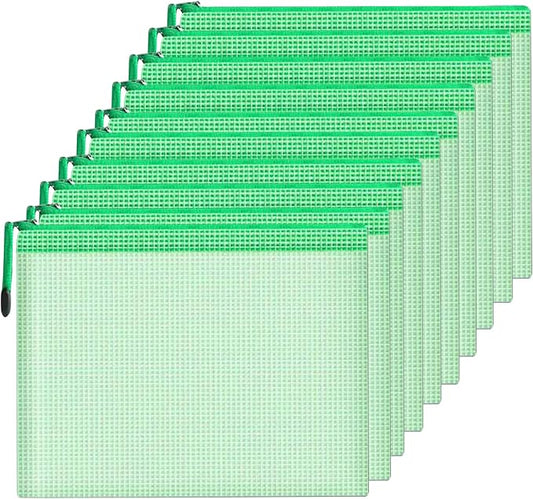 Mesh Document Bag Set of 10, Waterproof Zipper Pouch / A4 Size Zip File, for Household Daily Storage School Office M-D-2B (Green, A3 (17×12 Inch))