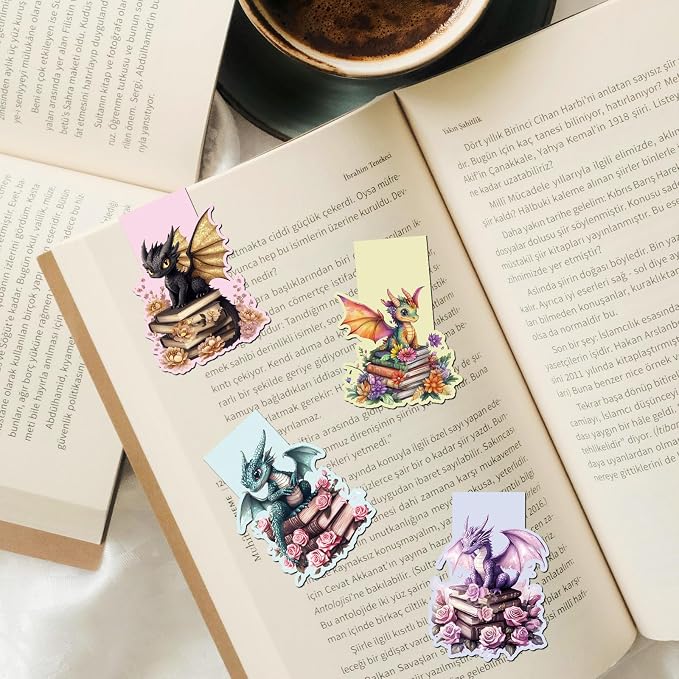 Fantasy Dragon Magnetic Bookmarks - 8 PCs Funny Book Flower Marks for Reading Lovers Men Magnets Cool Unique Aesthetic Page Clip Gifts for Women Kids Novel Fans Boys Student Teacher School