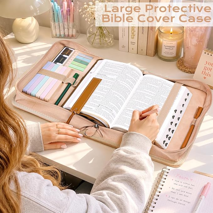 XKDOUS Bible Cover Case Leather Book Carrying Case Large Bible Bag Organizer with Cross, Handle, Pens, Tabs, Study Supplies Journaling Kit Father Day Christian Gifts for Dad, Mom, Men, Women