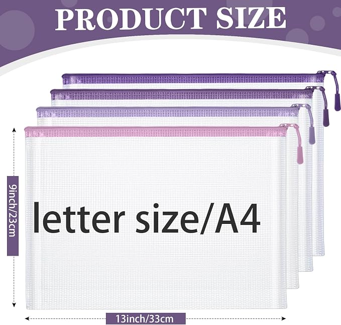 Feifeiya 24 Pack Purple Mesh Zipper Pouch Bags, A4 Size Clear Mesh Zipper Storage Bags Bulk for School Office Organization