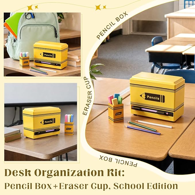 Gueevin 2pcs Pencil Dispenser for Classroom, Fun Desk Organizer with Eraser Holder, Interactive Pencil Storage for Teachers, Students & Homeschool Desk Organizer, Back to School Supplies(Yellow)