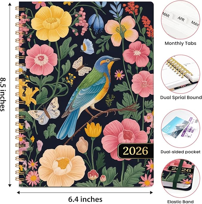 2026 Planner, Weekly and Monthly Calendar Planner Book, January 2026 - December 2026, Hardcover Spiral Planner with Monthly Tabs, Notes Pages, Perfect for Women & Men, A5 (6.4" x 8.5") - Bird