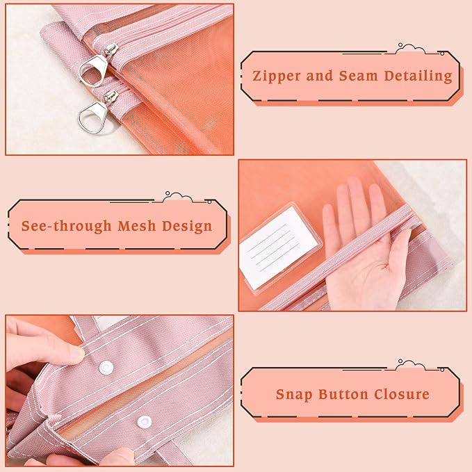 2-Pack Mesh Zipper Pouch Bags with Handles, Double-Layer Nylon Document Bag with Label Pocket, File Storage Pouches for Office Supplies School Travel (Red)
