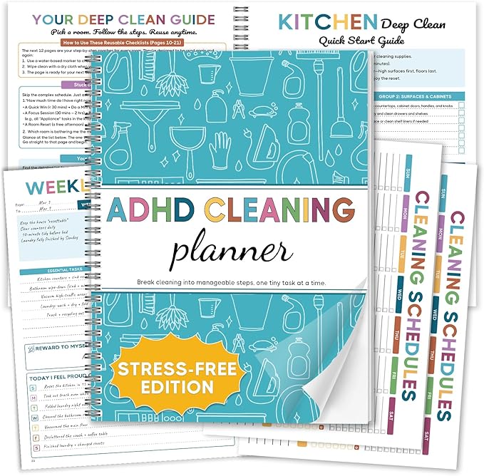 ADHD Cleaning Planner for Adults - Blue Cover Edition. Undated Daily Weekly Monthly Quarterly Yearly Chore Tracker Checklist. Wipe-Clean PVC Spiral Notebook for Home Management & Family Routine Tasks