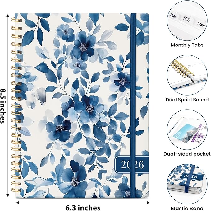 2026 Planner, Weekly and Monthly Planner for Women, January 2026 - December 2026, Hardcover 2026 Calendar Planner Book with Tabs, Inner Pocket, Spiral Bound, Perfect for Office Home School Supplies - A5 (6.3" x 8.5"), Blue Flower
