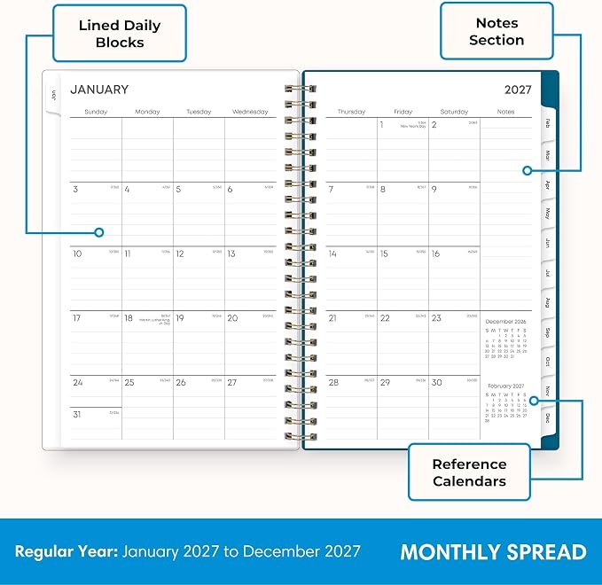 Blue Sky 2027 Weekly and Monthly Planner Calendar, January 2027 - December 2027, 5" x 8", Flexible Frosted Cover, Laminated Tabs, Durable Twin Wire Binding, Bakah Blue
