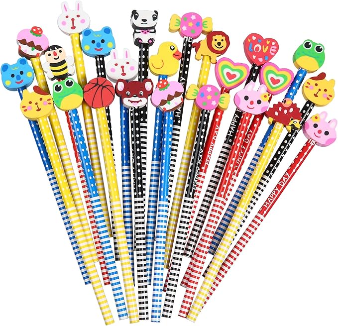 16PCS Pencils with Fruit Animal Top Eraser for Kids,Pencils with Assorted Cartoon Color Stripe Erasers Topper for Kids School Supplies and Children Prize Gifts (16)