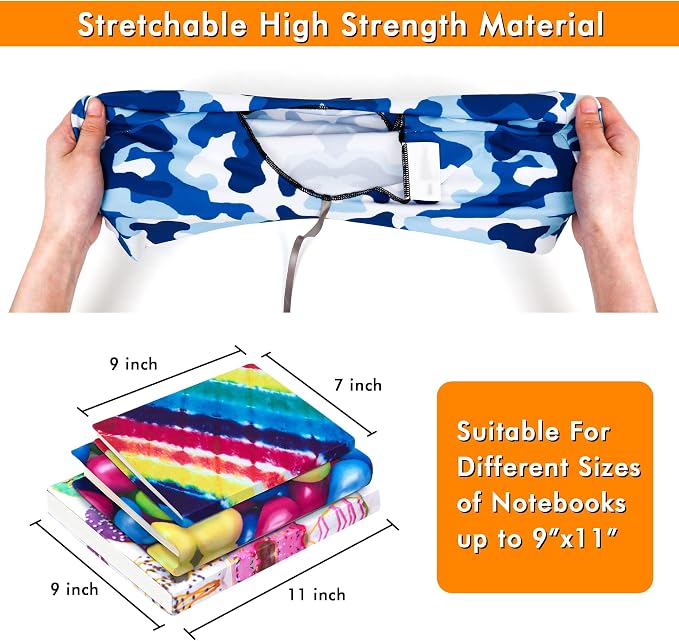 feela 8 Pack Jumbo Fabric Book Covers, Stretchable Washable Durable Reusable Nylon Covers for Hardcover Textbooks Notebooks up to 9'x11', 8 Patterns