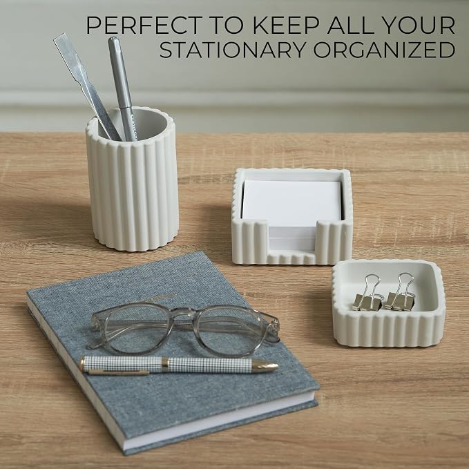 KIBAGA Modern Aesthetic Desk Accessories Set of 3 - Stylish Concrete Organizers for Pens & Office Supplies - A Cute and Functional Addition to Your Workspace Decor