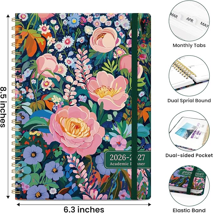 Planner 2026-2027, Monthly and Weekly Academic Planner July 2026 - June 2027, Hardcover Student Teacher Planning Agenda Calendar Book with Tabs, Perfect for Office School Supplies, A5 (6.3" x 8.5") - Enchanted Meadow