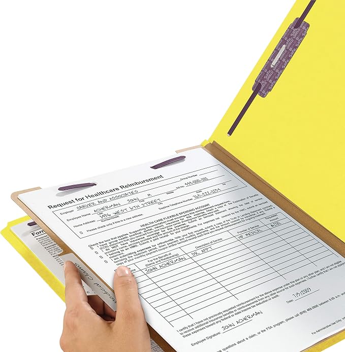 Smead Pressboard Classification File Folder with SafeSHIELD Fasteners, 1 Divider, 2" Expansion, Letter Size, Yellow (13734), (Pack of 5, 50 Count Total)