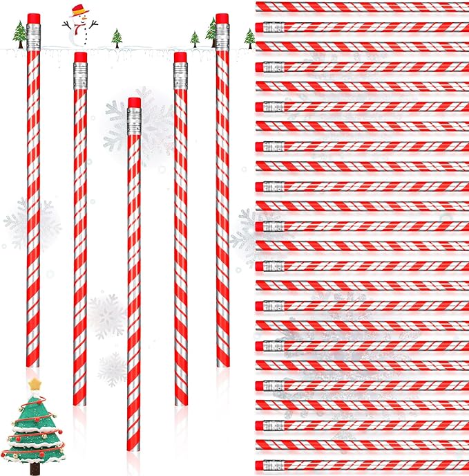 Queekay Christmas Gift Candy Cane Prism Pencils Bulk for Classroom Toppers Xmas with Erasers Cute Writing Pencils for Teacher Rewards Stocking Stuffers Supplies(24 Pieces)