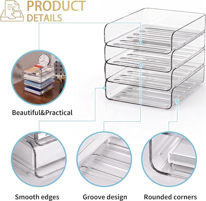 LALOBLUE Stackable Letter Tray Desk Organizer, Set of 4 Clear PET Paper & File Organizers, Document Storage for Office Supplies