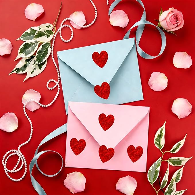 Heart Stickers, 500Pcs Glitter Red Heart Stickers, 1" Shiny Self Adhesive Foil Red Love Decorative Labels for Valentine's Day, Wedding, Anniversaries, Mother's Day, Award Classroom Supplies