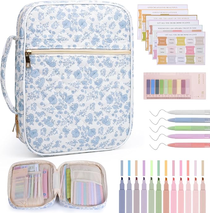Bible Cover Case for Women Large Quilted Bible Carrying Bag with Handles Bible Study Supplies & Accessories Christian Gifts for Women(Blue Flower, M)