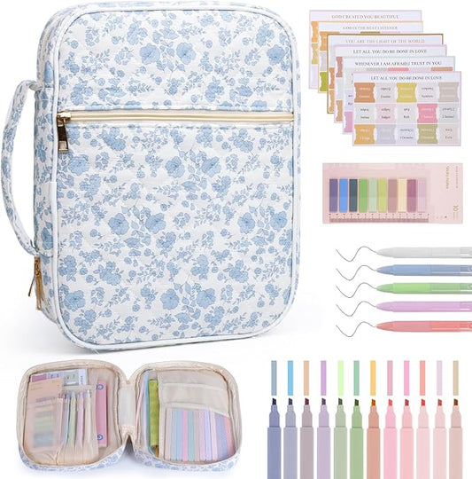 Bible Cover Case for Women Large Quilted Bible Carrying Bag with Handles Bible Study Supplies & Accessories Christian Gifts for Women(Blue Flower, M)