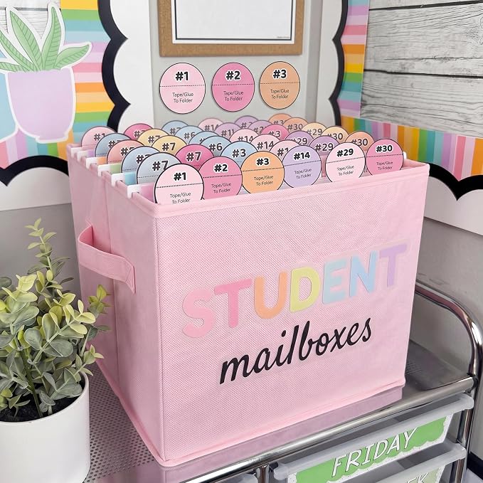 Kosiz 61 Pcs Pastel Classroom Mailbox Set Back to School Student Mailbox and Date Storage Set with Collapsible File Box 30 Hanging Files Folders 30 Index Tabs for School Classroom Teacher Must Haves