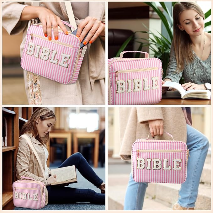 Dansydaisy Bible Cover Case for Women Large Chenille Letter Stripe Church Bible Bag with Shoulder Strap for Women(Pink)