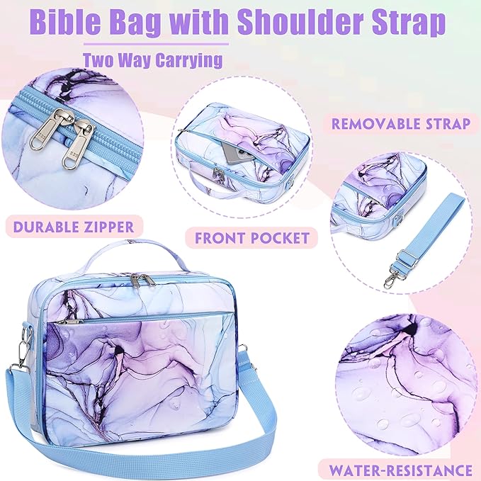 Jumpopack Bible Cover Case for Women Grils Bible Cover with Shoulder Strap Bible Case for Bible Study Accessories,Marble Blue