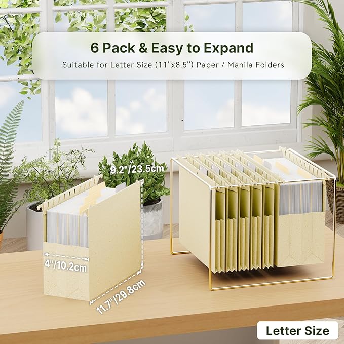 XINGIA 6 Pack Extra Capacity Hanging File Folders Letter Size,Wheat Straw Reinforced Hanging File Organizer for Filing Cabinets, 4 Inch File Folders with Hooks,Expandable Hanging Files with Tabs