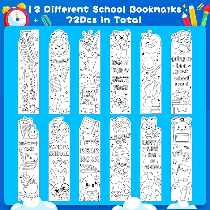 72Pcs Back to School Color Your Own Bookmarks for Kids - DIY Coloring Blank Bookmark Including Schoolbag Alarm Clock Books Ruler Painting Paper Class Party Supplies Goodie Bag Fillers
