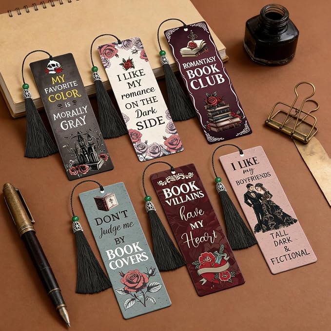 Dark Romance Acrylic Bookmarks Gifts - Hamdwerk 6 Pcs Funny Bookmarks with Tassels Skull Flower Book Marks Romance Page Marker Clip Gift for Women Book Lover Teacher Student Bookish Reading