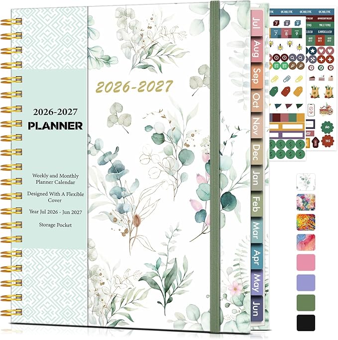 Academic Planner 2026-2027, Weekly and Monthly Calendar Planner from July 2026 - June 2027, 8.5" x 11" A4 Large Daily Agenda Book with Tabs, Flexible Cover, College School Organizer for Student Teacher, Aesthetic Leaf