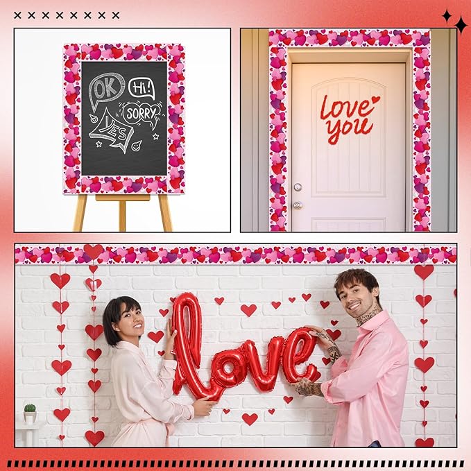 Dispowreath 68.9 Feet Valentine‘s Day Bulletin Board Border Decoration Heart Shaped Bulletin Board Trim Red Pink Love Heart Border Roll for Party Classroom Chalkboard Wall Decor