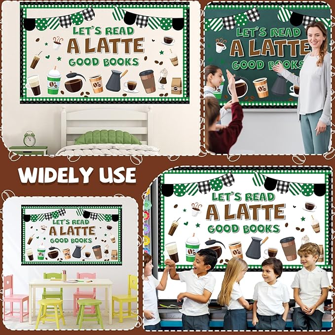 QOUBAI Coffee Bulletin Board Set Coffee Cup Classroom Decoration Latte Paper Cutouts Green Coffeehouse Crafts Teacher's Helper Charts for Back to School Nursery Chalkboard Reading Decor Wall Door