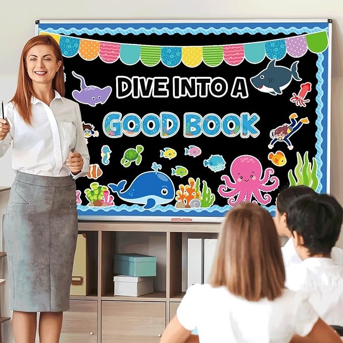 Summer Sea Animal Bulletin Board Decorations Dive into a Good Book Reading Summer Ocean Theme Classroom Back to School Bulletin Board Border Set Ocean Under the Sea Paper Cutouts for School Home Decor