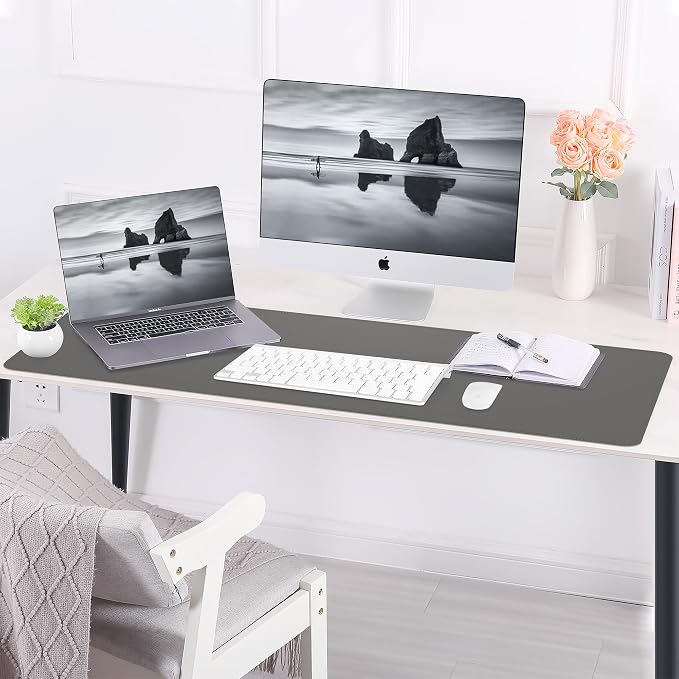 AFIING Leather Desk Pad Protector, 47" x 17" Large Desk Mat with Natural Cork & PU Leather, Mouse Pad, Non-Slip, Waterproof Desk Writing Pad for Office and Home (Dark Grey)