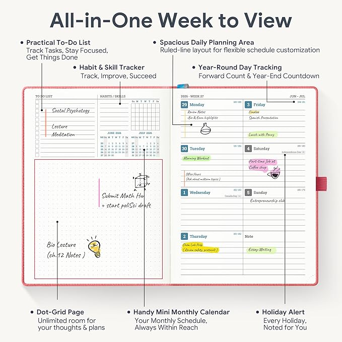 Weekly Planner 2026-2027 A5 (6.5" x 8.5") 12 Months (Jul'26 - Jun'27) Weekly & Monthly Planner with Month Tabs & Inner Pocket, Expenses/Note Pages, PU Leather Pink