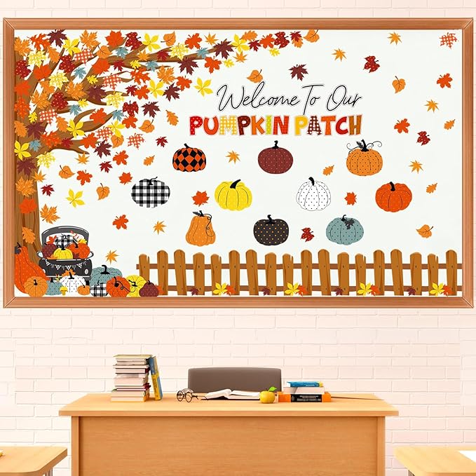 Pasimy Fall Bulletin Board Decorations Set Pumpkin Classroom Door Decor Autumn Maple Cutouts DIY Pumpkin Photo Crafts Thanksgiving Bulletin Board for Halloween Home Office Wall Supplies(Vintage)