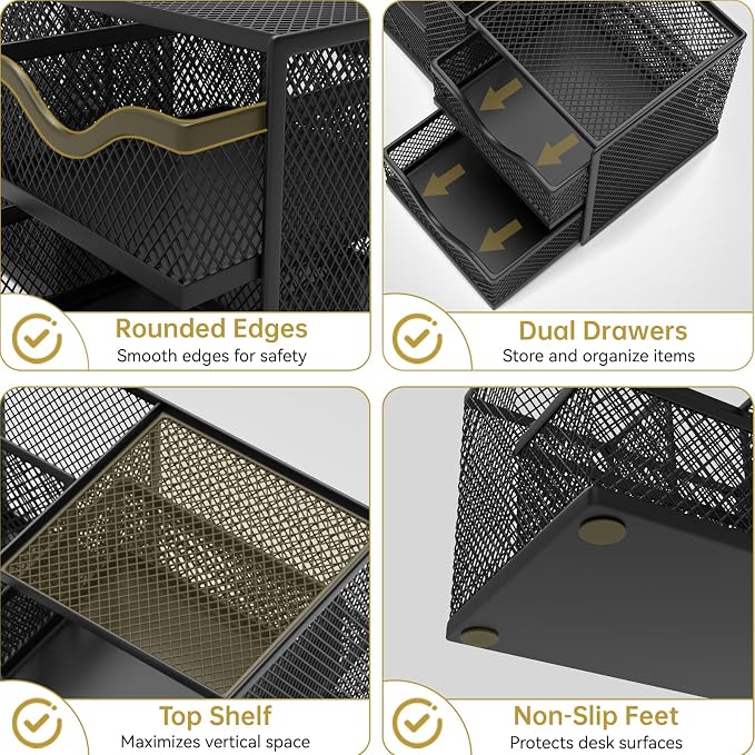 Mesh Desk Organizer, Pen Organizer with 2 Drawers and 5 Compartments, Versatile Pen Holder for Small Space, Desk Organizers and Accessories for School Office Supplies, Black