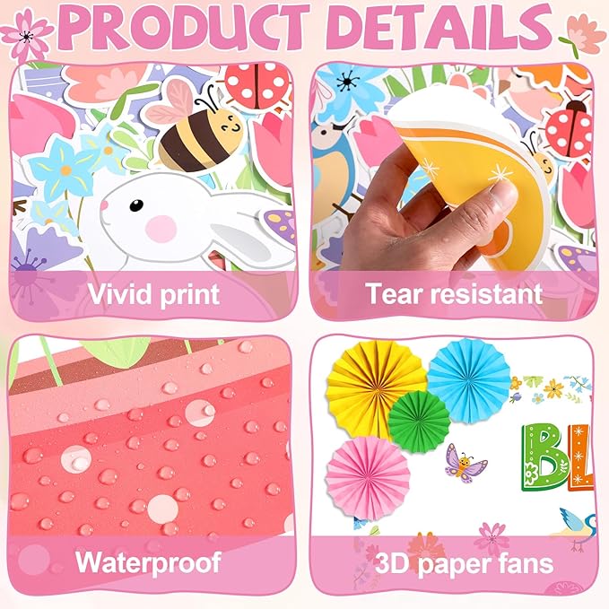 Spring Bulletin Board Decorations Set with 3D Paper Fans Blooming Into Spring for Colorful Tulip Flowers Butterfly Bee Bird Cutouts for Classroom Party School Home Office Chalkboard Wall Door Decor