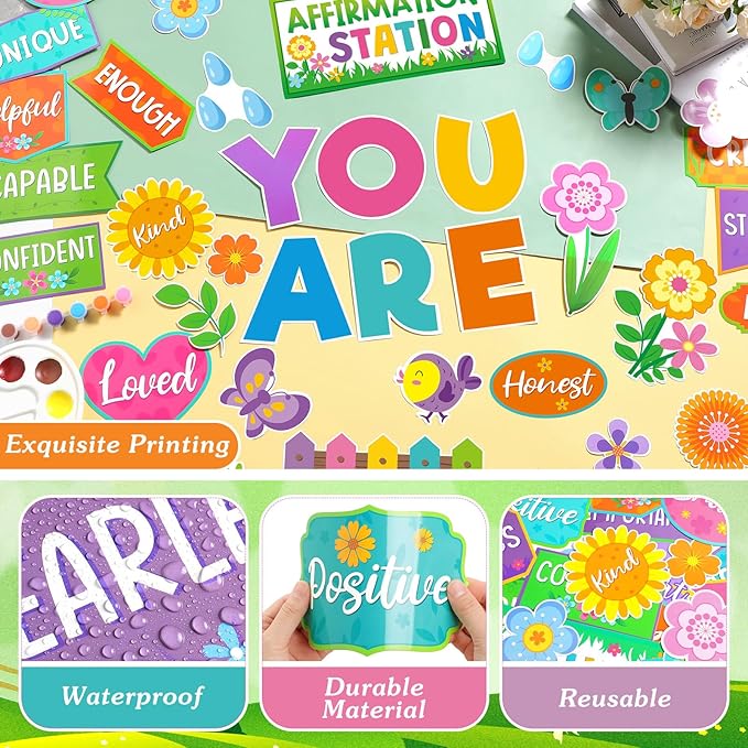 45pcs Spring Affirmation Station Bulletin Board Set Motivational Posters Classroom Mirror Growth Mindset Decor Positive Affirmations Accents Cutouts for School Office Home Teacher Wall Supply