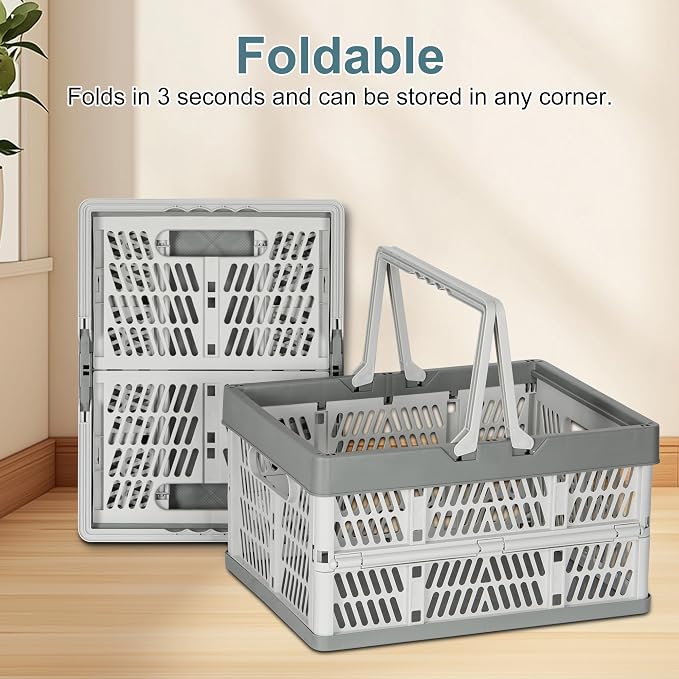 Heavy Duty Plastic Milk Crates for Storage, 2-Pack Stackable Storage Bins for Organizing, Collapsible Shopping Basket with Handle for Groceries, Suitable for Home Office School Store, Gray