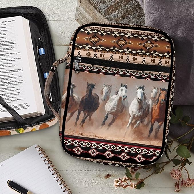 Coldinair Tribal Horse Ethnic Geometric Bible Case for Women Bible Bag Covers for Girls,Book Carrying Case Holder for Women,Fits for Standard/Large Size Bible
