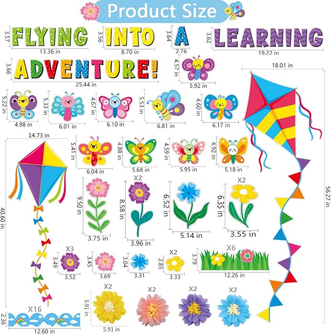 109 PCS Spring Bulletin Board Decorations Set Spring Flower Kite Cutouts with 3D Tissue Paper Pompoms Back to School Classroom Decor Colorful Floral Butterfly Decor for School Office Home Wall Supply
