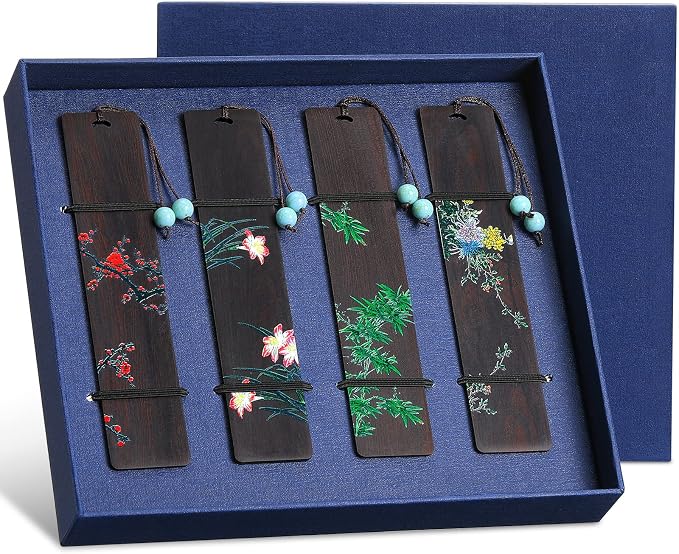 Outus 4 Pieces Wooden Bookmarks for Men Women Employee Father's Day Appreciation Gifts for Men Back to School Gifts Vintage Handmade Natural Carving for Book Lovers Birthday(Fresh Style)