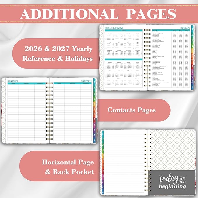 Bushypushy Planner 2026-2027 - Acdemic Planner 2026-2027 with Tabs, Jul. 2026 - Jun. 2027, 26-27 Calendar planner, Weekly and Monthly planner, 6.3" x 8.4", Back Pocket + Thick Paper - Pink Flower