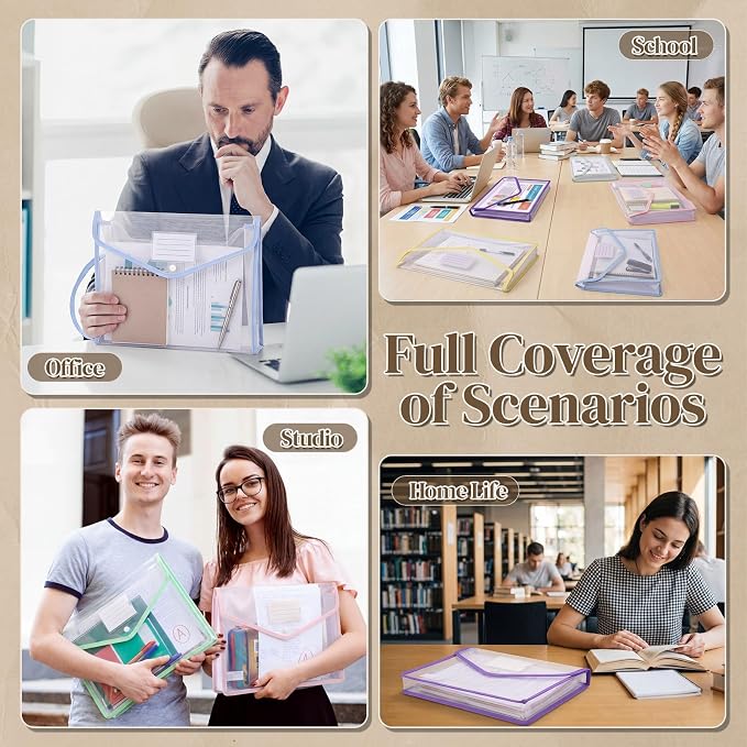 Handepo 50 Pcs Plastic Expanding File Folder Bulk - Transparent Large-Capacity Portable Documents Envelopes with Snap Closure for Office, Business, School - No Dividers (Macaron Colors,A4 Size)