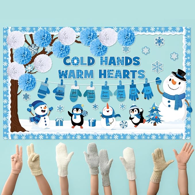 Gilprop 127 Pcs Winter Bulletin Board Set 3D Winter Tree Bulletin Board Decorations with Paper Pom Poms Snowman Penguin Snowflake Gloves Cold Hands Warm Hearts Cutouts for School Classroom Supplies