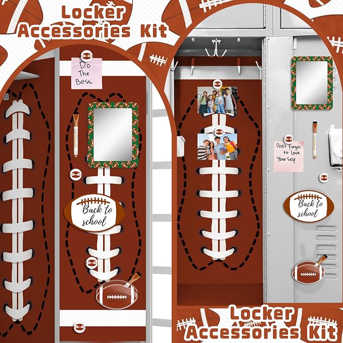 Demonwer 11 Pcs Locker Accessories Kit Rugby Themed Magnetic Whiteboard Mirror Pen Holder Rugby Stickers for Back to School Essentials Locker Decorations
