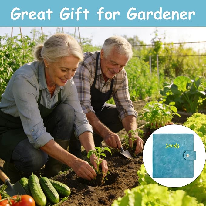 Seed Storage Organizer Binder, PU Seed Packet Organizer with 50 Clear Pockets(25 Pack Sheet Sleeves) and 50 Pack Seed Envelopes, Garden Seed Holder Book, Flower Plant Seed Keeper Blue