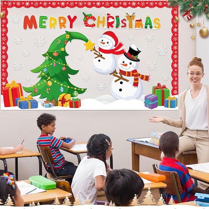 Funrous Christmas Bulletin Board Decoration Set Xmas Tree Classroom Decor Snowman Santa Claus Gnome Snowflake Cutout Winter Border Trim for Xmas Holiday Office Wall Door Supplies (Merry Christmas)