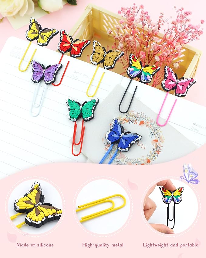 16 Pcs Cute Bookmark Paper Clips Cartoon Silicone Bookmarks with Colorful Paperclips for Kids School Teacher Office Supply Student Stationery (Butterfly Style)