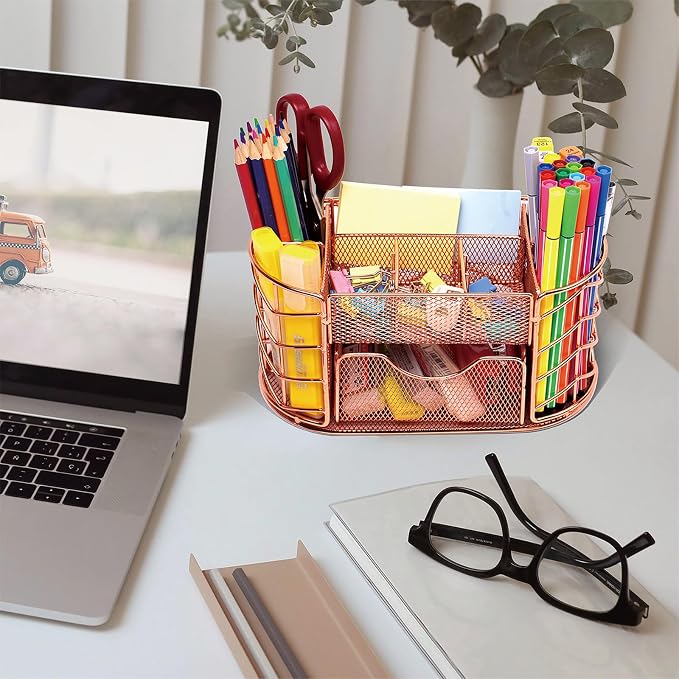 Desk Organizer, Pen Holder for Desk, Metal Pencil Caddy Storage for Desktop Office Supplies (Rose Gold)